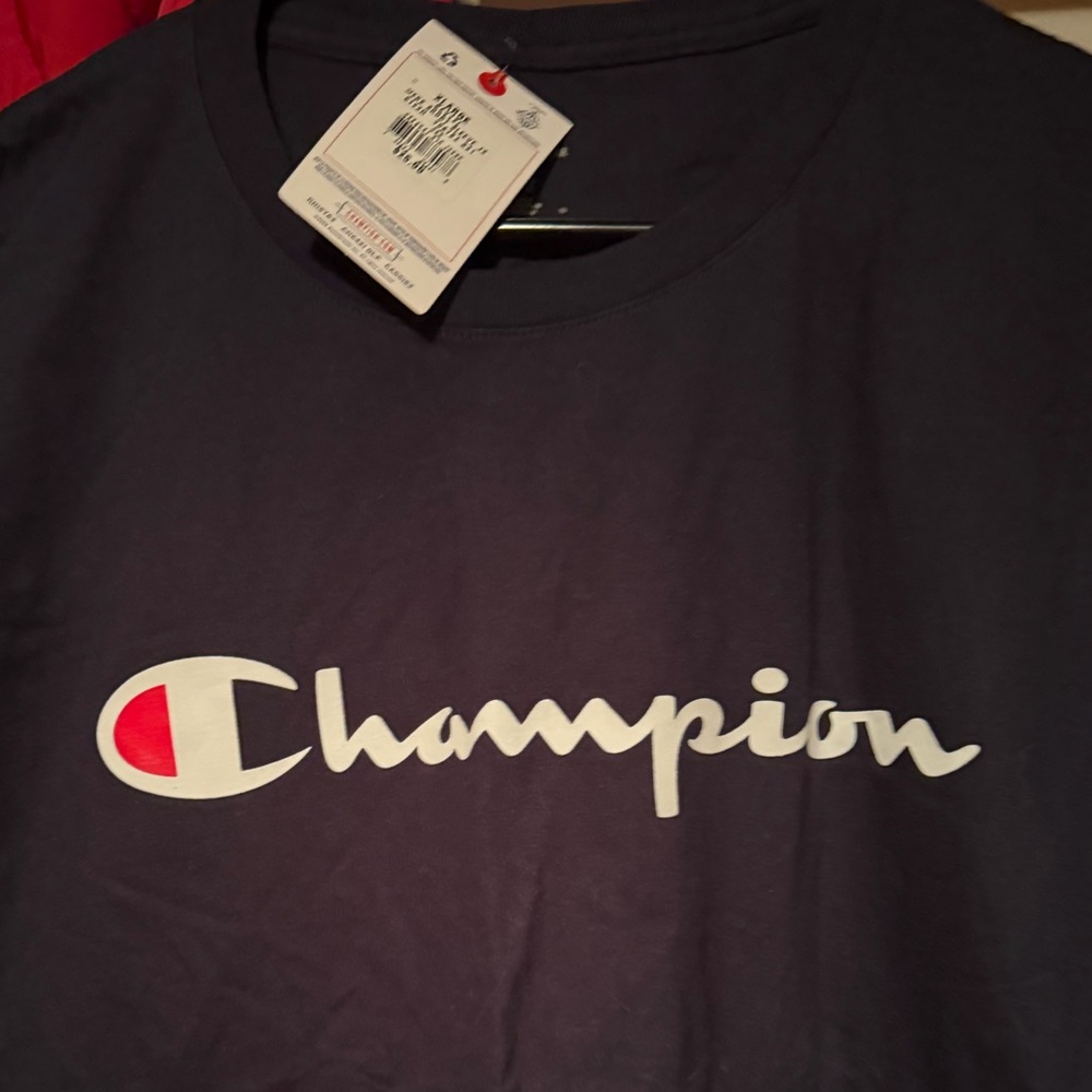 Champion Navy T-Shirt with White Script and Red Accent
